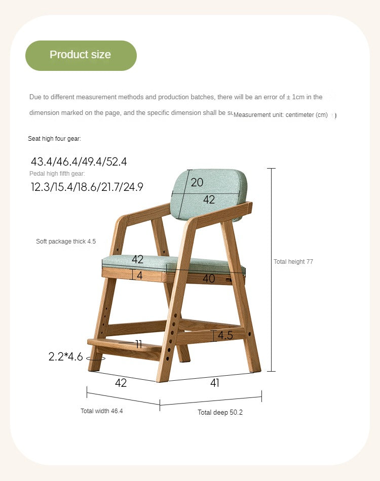 Adjustable Height Oak Solid Wood Kids Chair - Sturdy & Ergonomic Design for Study, Dining & Playtime