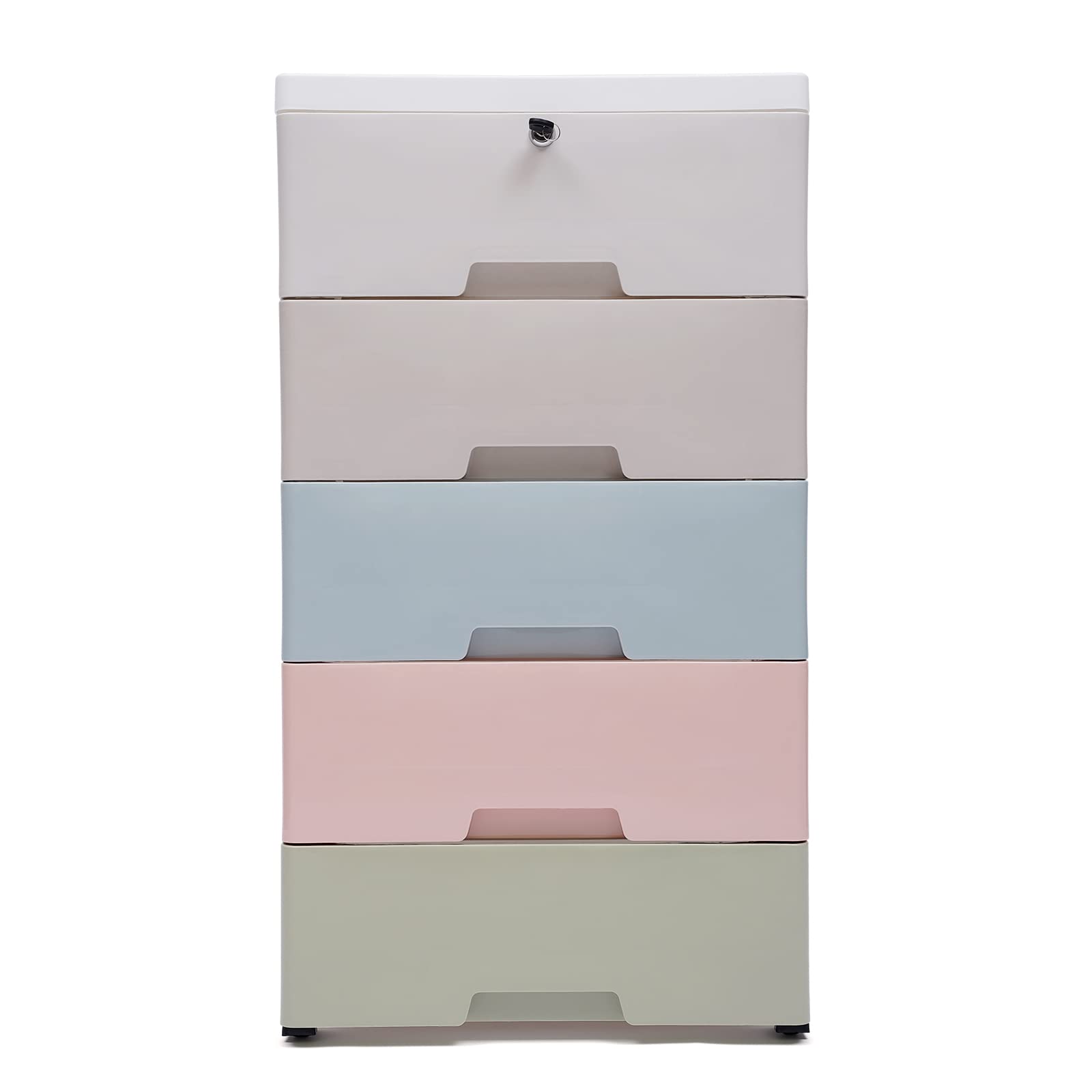 5-Drawer Stackable Plastic Storage Dresser with Wheels - 17.72 x 11.81 x 33.07 Inch Vertical Organizer Cabinet for Kids Clothes, Baby Nursery & Bedroom Furniture - Perfect for Small Space Organization & Toy Storage