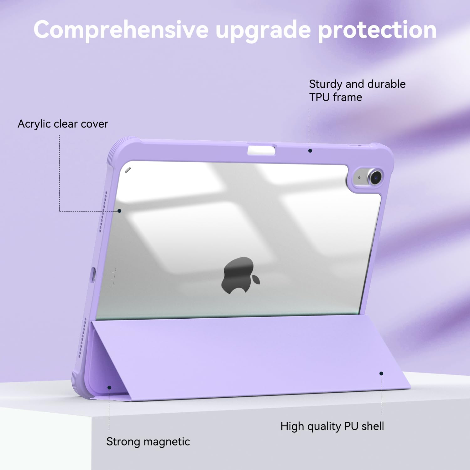 OKP iPad Air 5th/4th Generation Case (2022/2020 Model) - 10.9 Inch Slim Lightweight Trifold Folio Smart Cover with Pencil Holder & Auto Sleep/Wake - Clear Back Light Purple - Perfect for Work, School & Travel