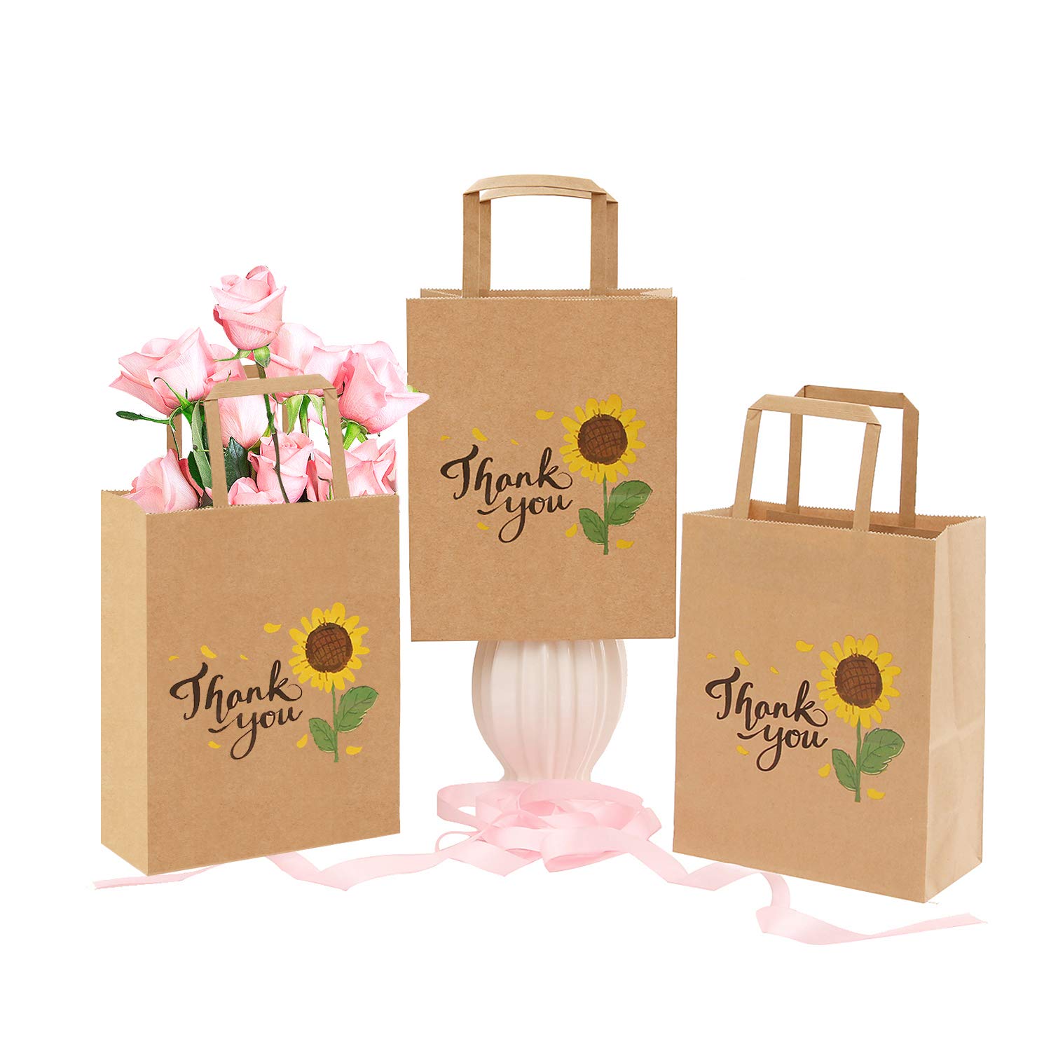 50Pcs 10x8x4.7 Inch Sunflower Thank You Gift Bags Bulk with Handles - Small Business Retail Paper Bags for Party Favors, Wedding, Baby Shower & Customer Appreciation Gifts
