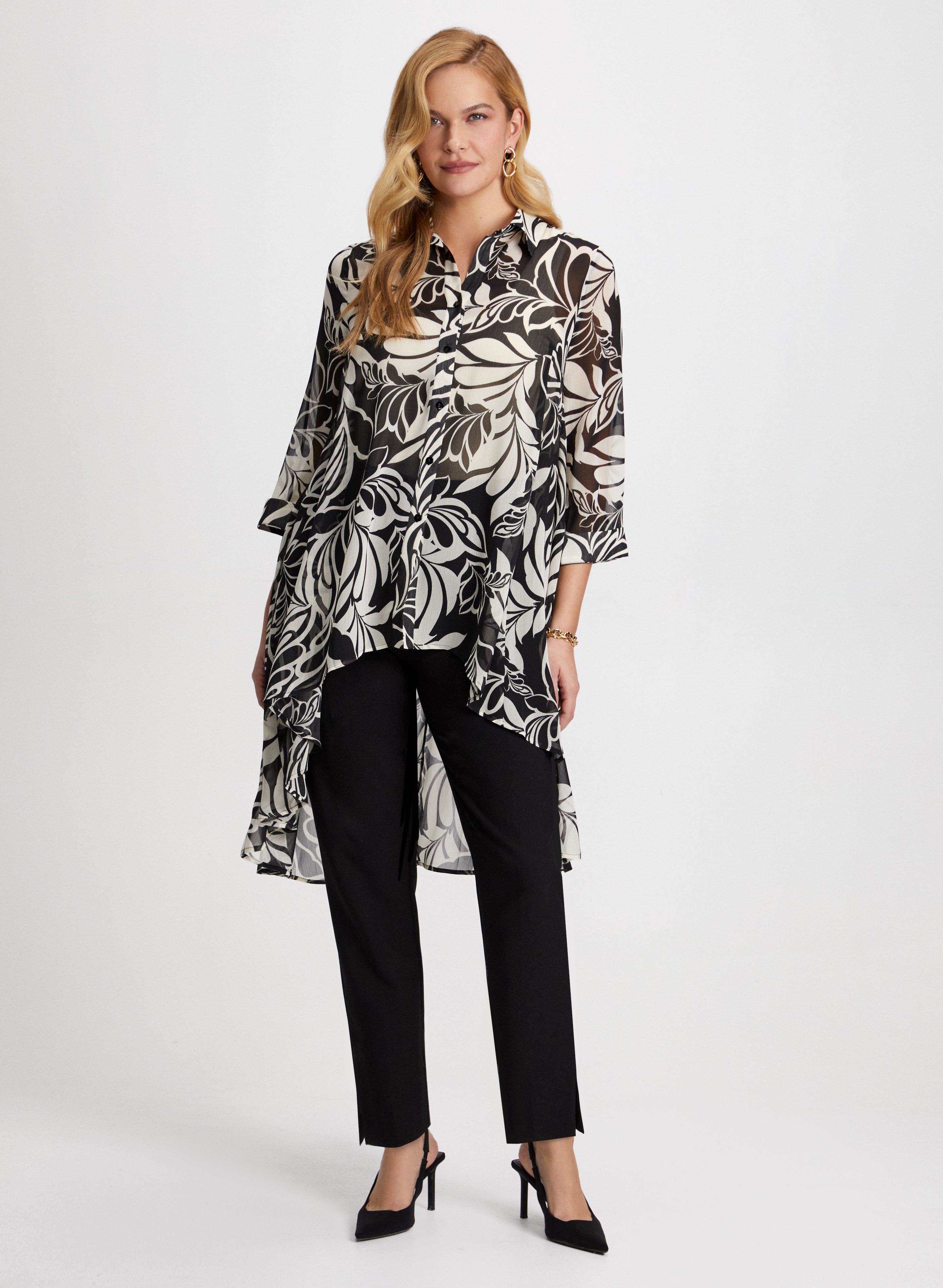 Asymmetric Leaf Print Blouse & Slim Leg Pants Set - Women's Floral Print Tunic Top with High Waisted Stretchy Pants for Work, Date Night and Casual Outfits
