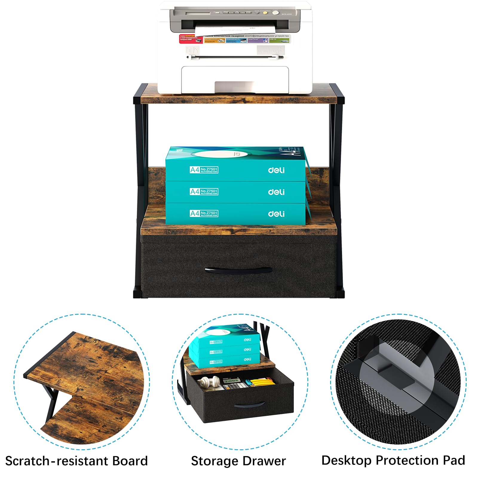 aboxoo 2-Tier Printer Stand with Storage Drawer - Rustic Brown Desk Organizer for Fax Machine, 3D Printer & Scanner - Space-Saving Home Office Solution for Under Desk or Desktop Use