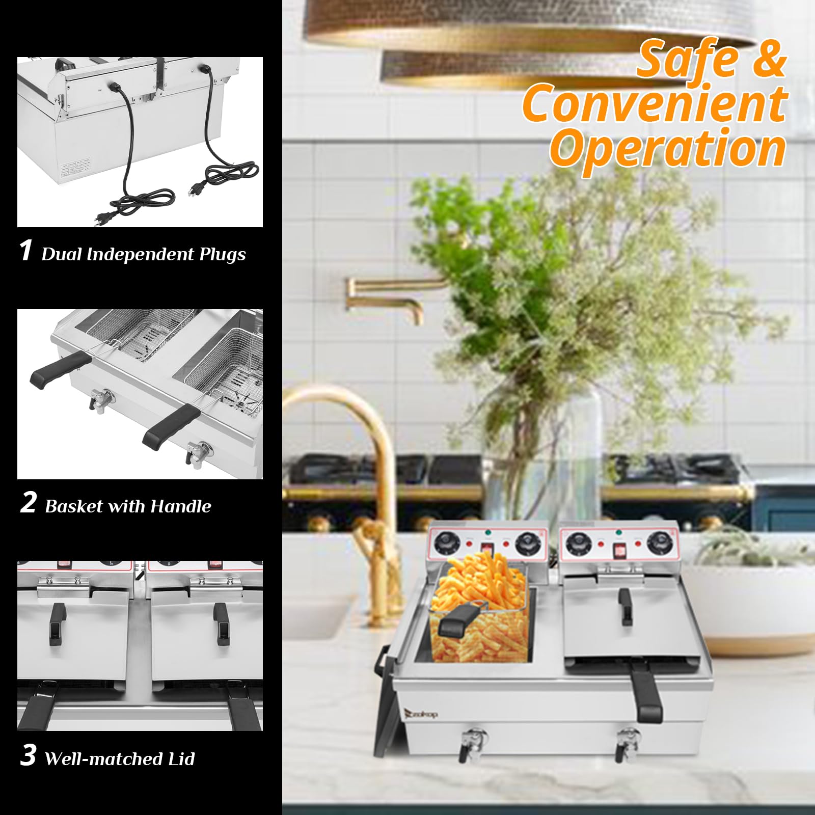 Winado 24.9QT Commercial Electric Deep Fryer with Timer & Oil Filtration System - Dual Tank Countertop Fryer with Adjustable Temperature Control, Drain Valve, Baskets & Lids - 3400W 110V for Home, Restaurant & Catering - Perfect for Frying Chicken, Fish, French Fries & Donuts