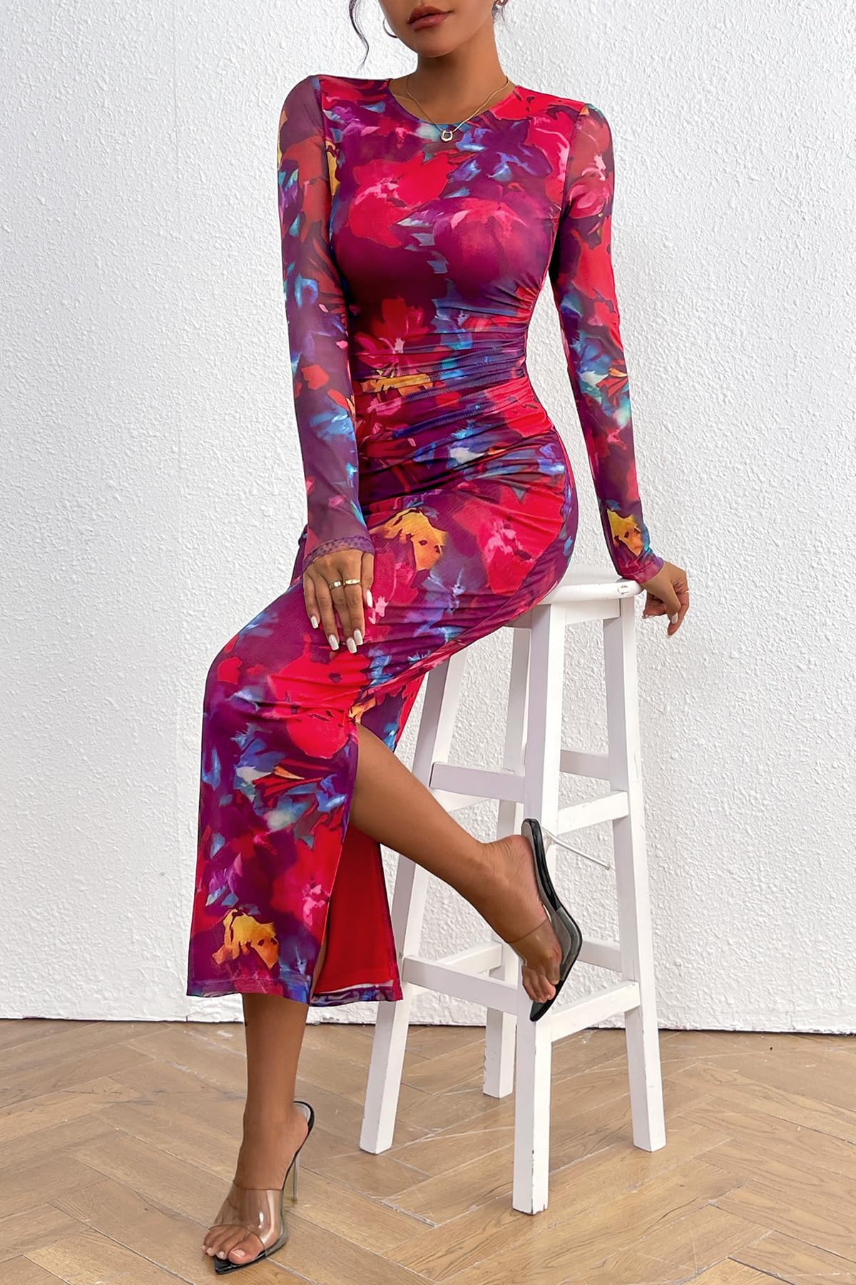 CFLONGE Women's Floral Print Long Sleeve Bodycon Dress - Ruched Cocktail Party & Wedding Guest Maxi Dress - Perfect for Evening Events, Date Nights & Special Occasions