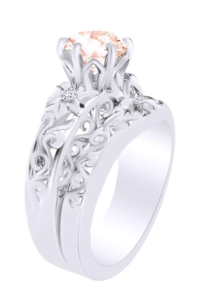 1.23 Carat (Cttw) Round Simulated Morganite & Natural Diamond Engagement Ring in 14K Solid Gold - Elegant Bridal Jewelry for Proposals, Weddings & Anniversaries