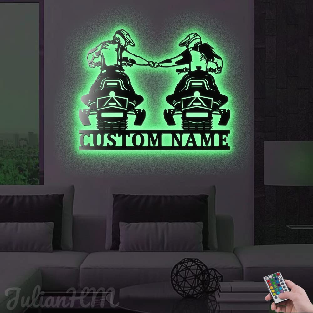 Custom Dad and Mom Snowmobile Metal Wall Art with LED Lights - Personalized Snowmobile Name Sign for Winter Games & Outdoor Home Decor - 12x12 Inches with Lights - Perfect for Cabin, Garage, or Man Cave Decor