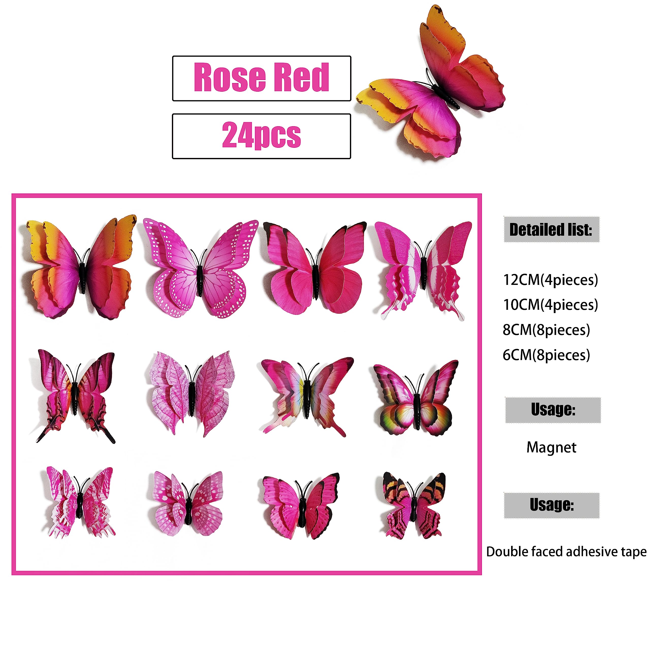 24PCS 3D Butterfly Wall Decals - Removable Magnetic Butterflies Decor for Kids Bedroom, Party & Wedding Crafts - DIY Wall Stickers for Nursery, Living Room & Home Decoration