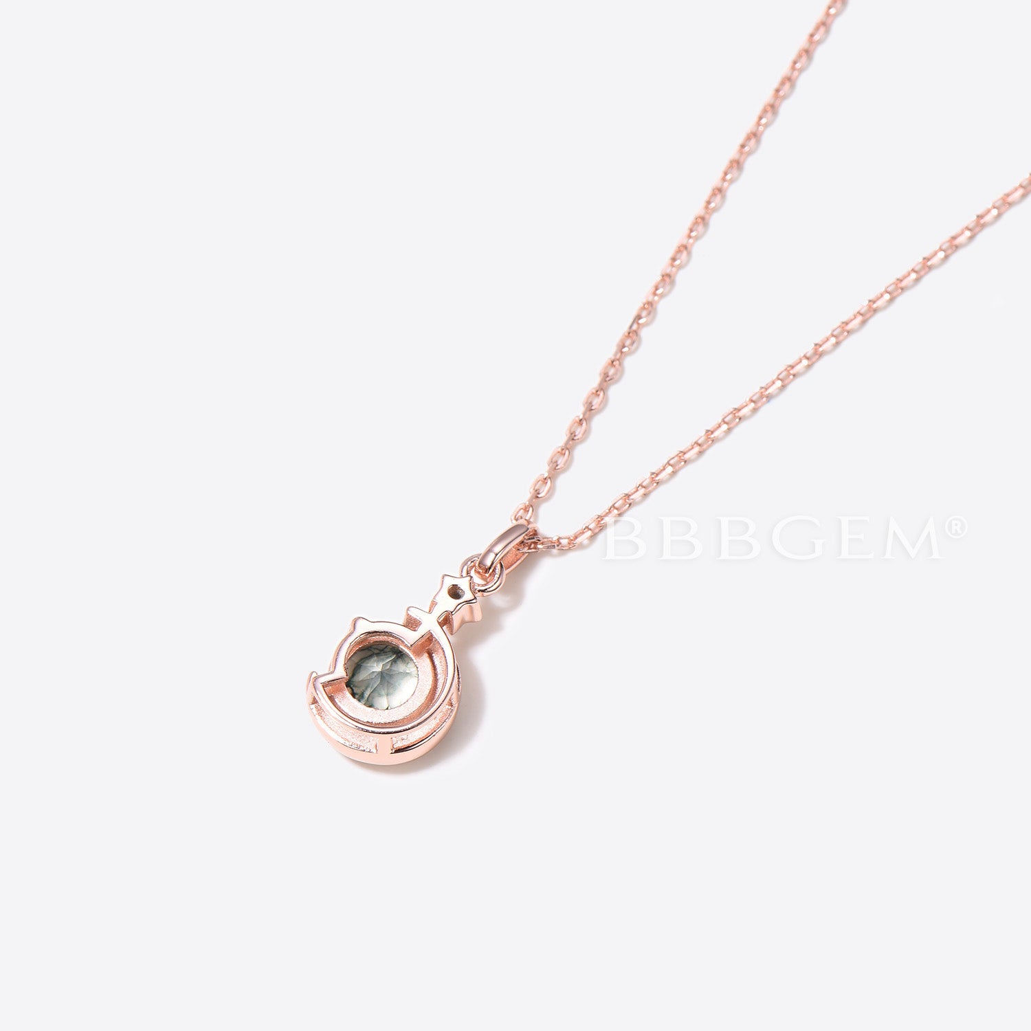 Moon Star Moss Agate Pendant Necklace - Rose Gold Round Green Moss Charm Jewelry for Women, Gift for Her, Birthday, Anniversary, Wedding, Spiritual Healing