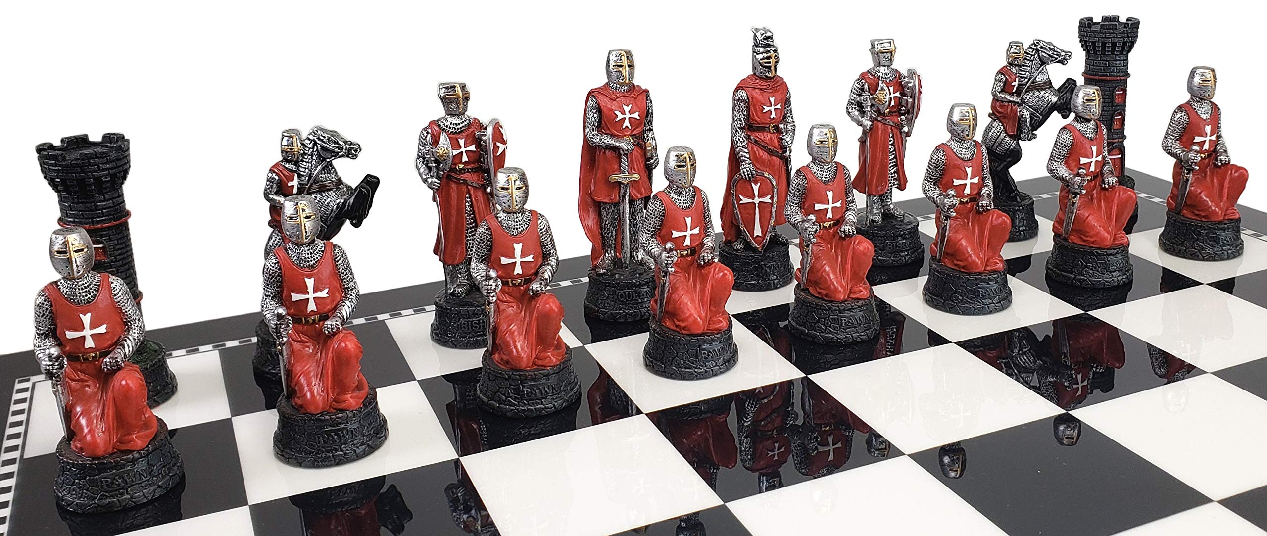 Medieval Crusades Red & Blue Maltese Knights Chess Set - 17 Inch Black & White Storage Board - Perfect for Collectors & Historical Game Enthusiasts