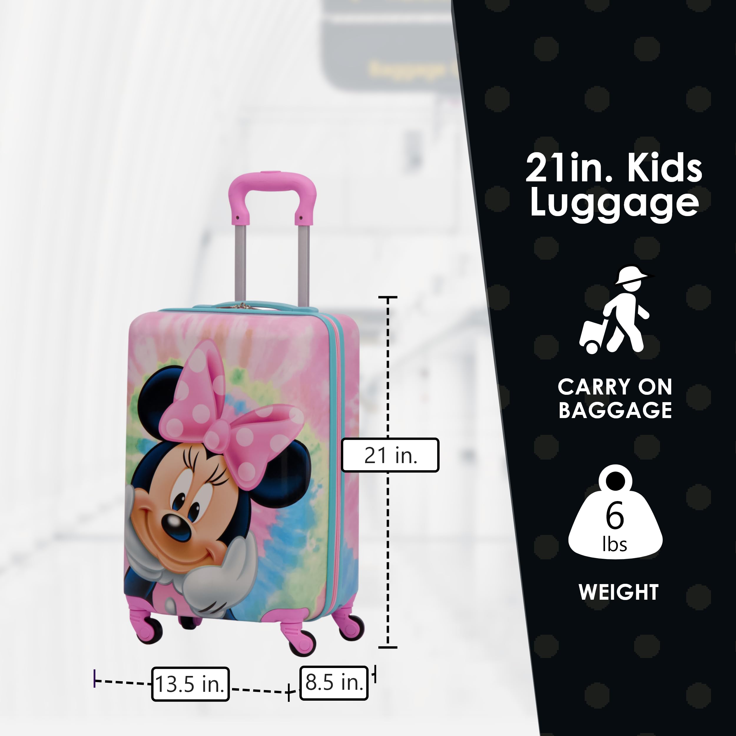 Disney Minnie Mouse 21 Inch Kids Carry On Luggage - Tie Dye Hardshell Spinner Suitcase with 360° Wheels for Girls Travel, School Trips & Sleepovers | Official Disney Licensed Product