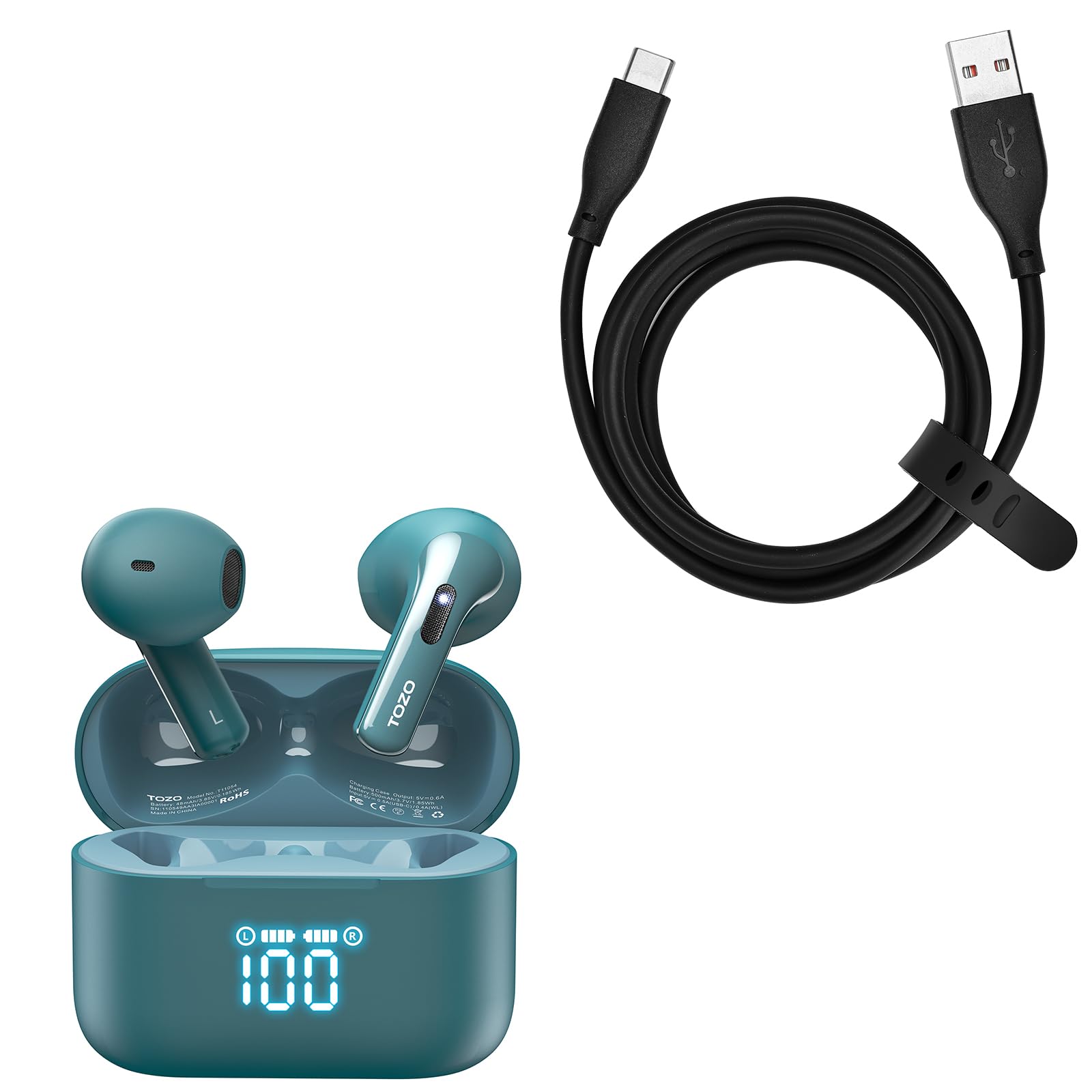 TOZO T21 Wireless Earbuds Bluetooth 5.3 with USB-C Charging, Noise Cancelling in Ear Headphones for Running, Workout, Gym, Travel & Commuting