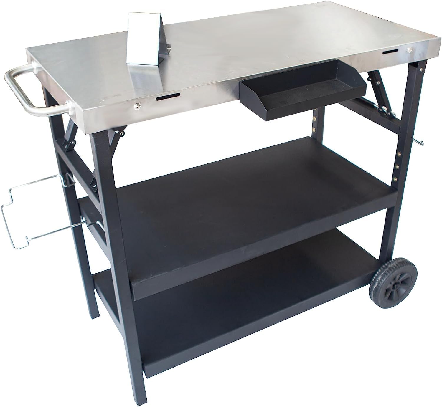 Thunderbay Foldable 3-Tier Stainless Steel Grill Cart - Portable Outdoor Food Prep Table with Wheels for BBQ, Pizza Oven & Tool Storage - Perfect for Backyard, Camping & Patio Parties