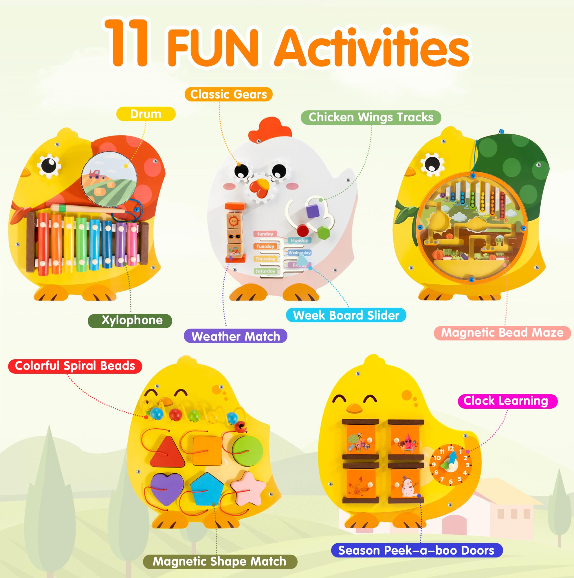 11-in-1 Wooden Sensory Busy Board for Toddlers - Montessori Learning Activity Wall Panel with Chick Design | Educational Toy for Kids Playroom, Daycare, Nursery, Classroom & Dentist Office Waiting Area | Perfect for Sensory Play & Early Childhood Development