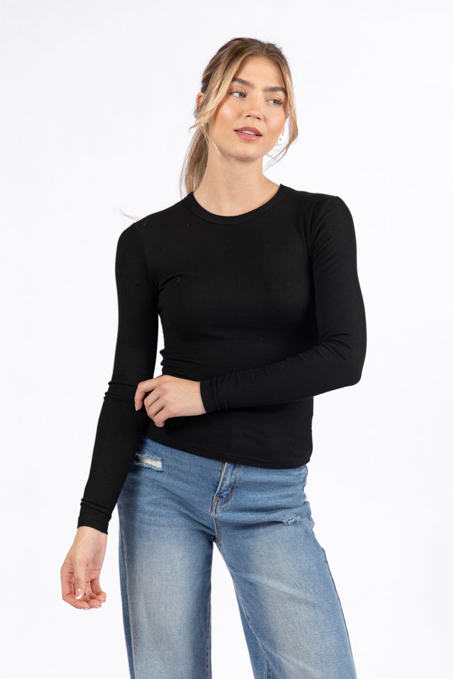 Black Ribbed Long Sleeve Tee for Women - Soft Stretch Cotton Blend Top - Casual & Layering Essential - Perfect for Fall, Winter & Everyday Wear