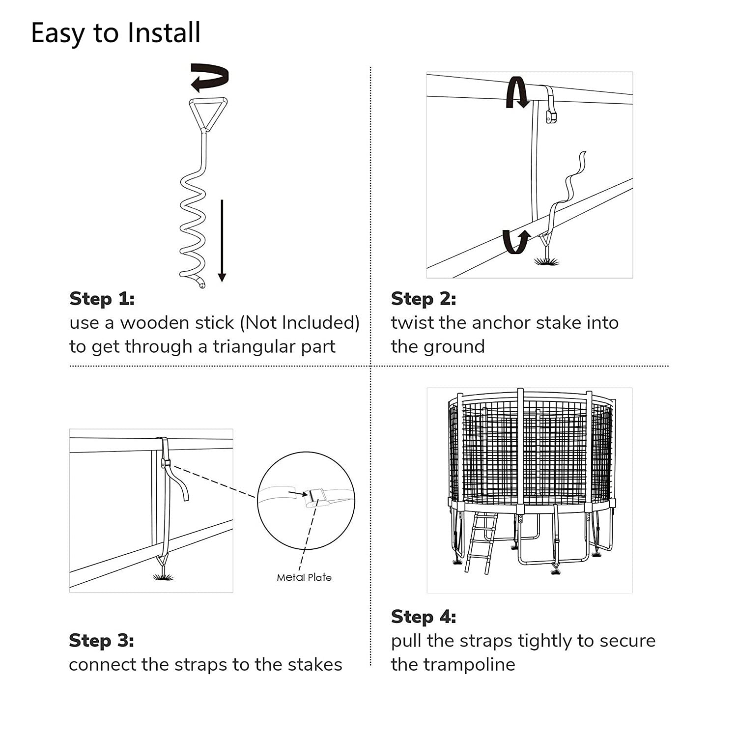 Heavy Duty Trampoline Anchors - Galvanized Steel Windproof Ground Stakes Kit for 10ft,12ft,14ft,15ft Trampolines (15.8 Inch) - Secure Outdoor Play Equipment in High Winds for Backyard, Garden & Park Safety