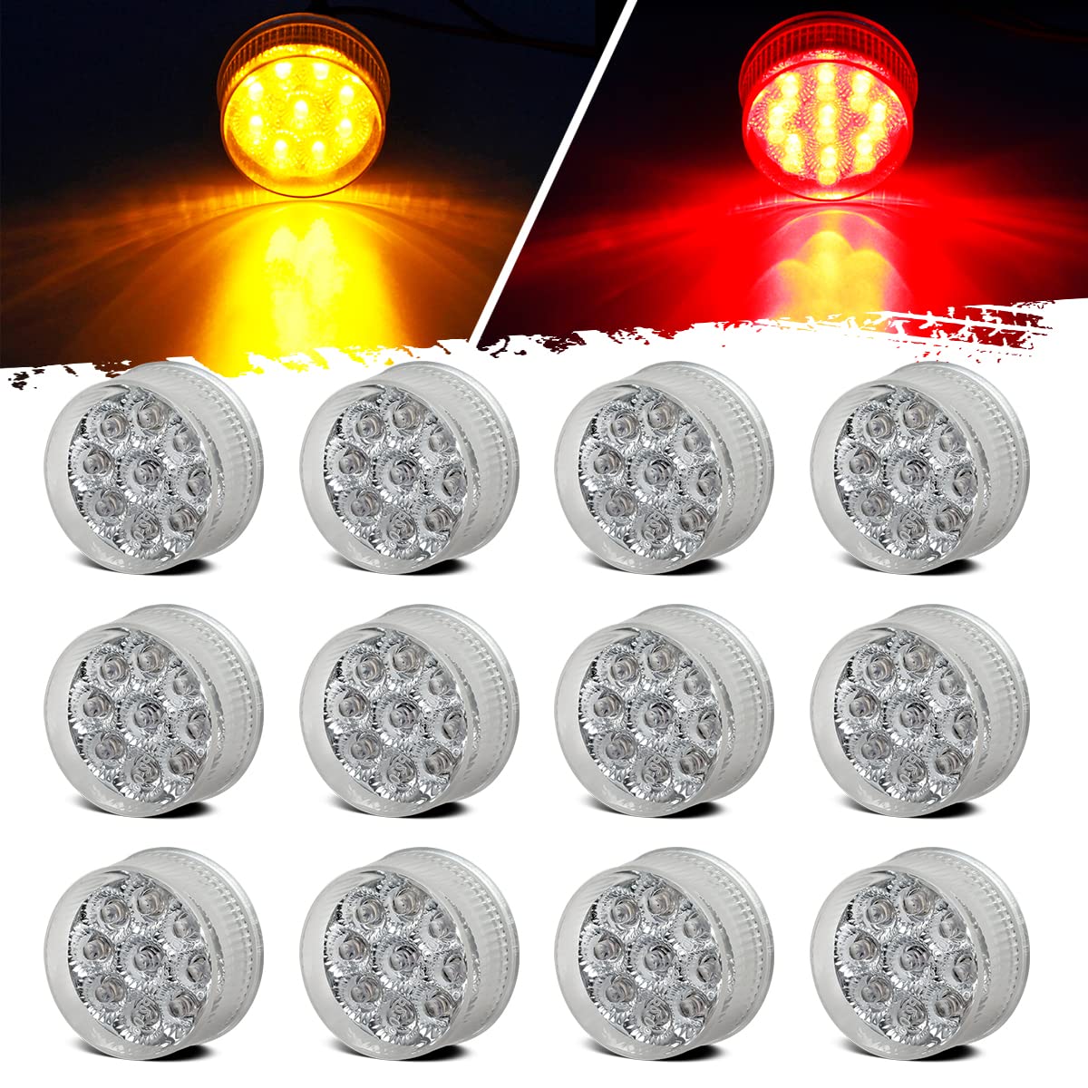 Partsam 12Pcs 2 Inch Round 9 LED Side Marker Clearance Lights with Reflectors for Trailer Truck - Clear Lens, Sealed Waterproof (6 Amber + 6 Red) - Ideal for Semi Trailers, Box Trucks & Heavy Duty Vehicles