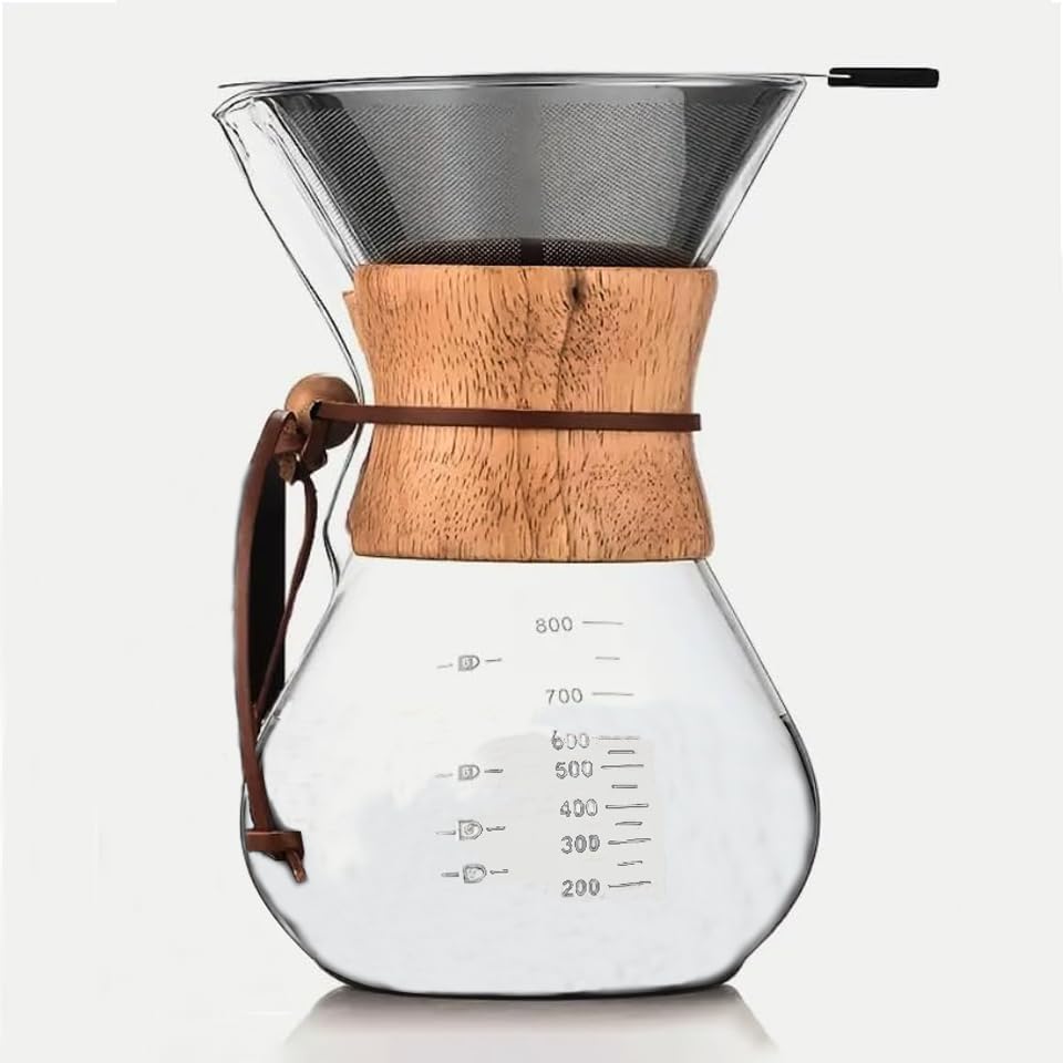 Premium 6-Cup Pour Over Coffee Maker - Borosilicate Glass Carafe with Wooden Collar for Home & Office Brewing