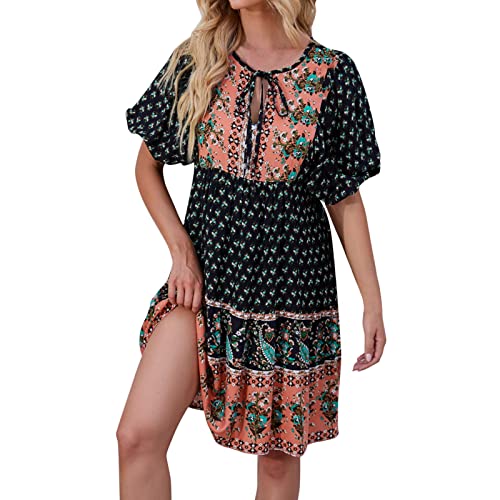 Boho Floral Printed Women's Dress - Round Sleeve Casual Mini/Maxi Summer Beach Dress for Fall (Black, Size M) | Perfect for Vacations, Parties & Everyday Wear