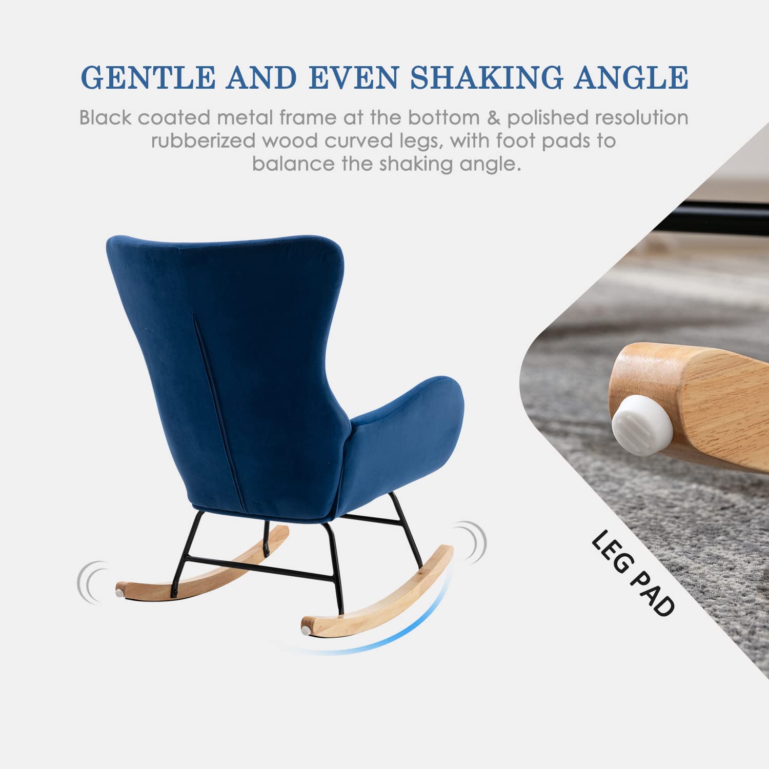Modern Rocking Chair - Comfortable Upholstered Accent Chair with High Backrest & Armrests, Nursery Glider Rocker for Baby Room, Living Room & Bedroom (Blue) - Perfect for Nursing, Relaxing & Reading
