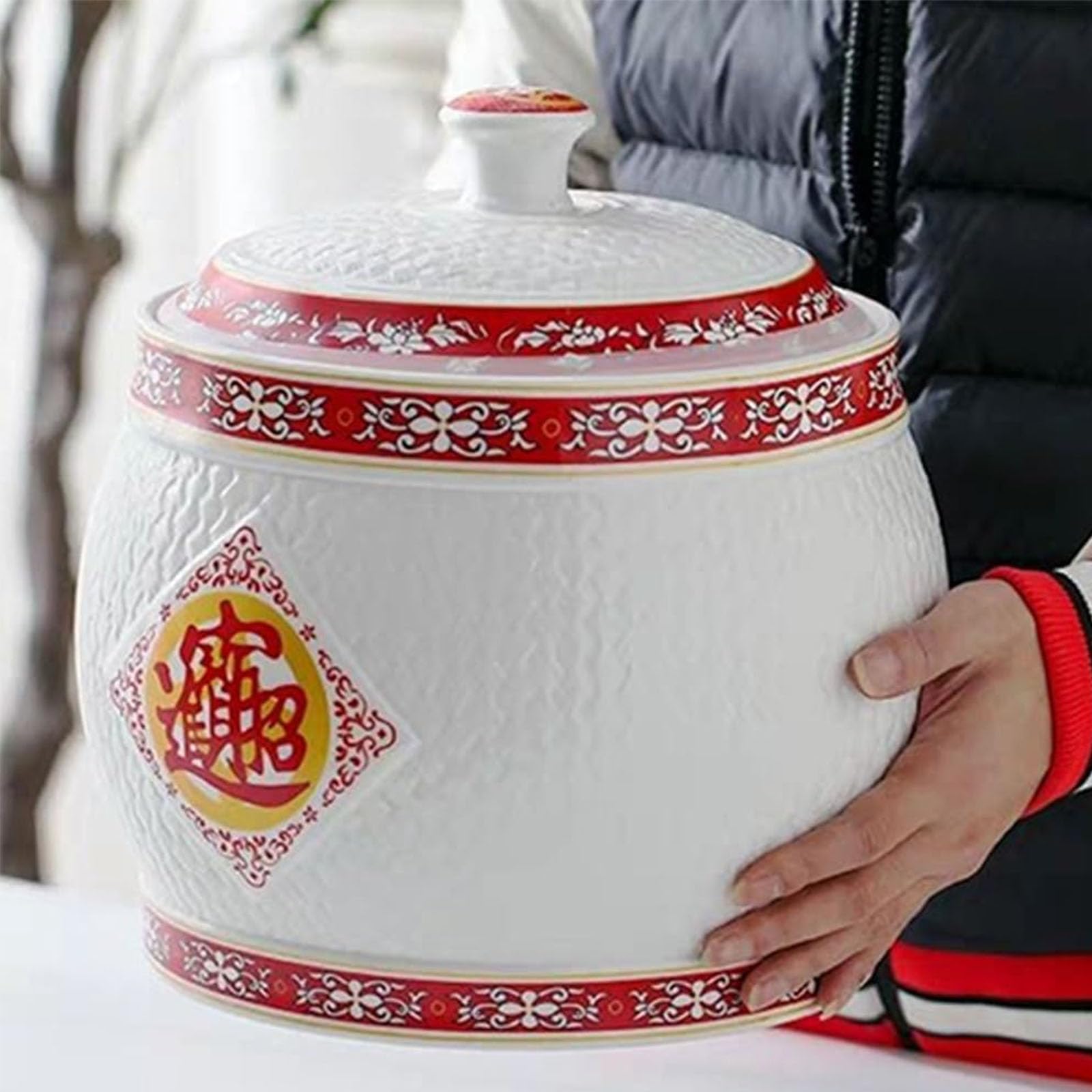 Premium Large Ceramic Rice Storage Container with Airtight Lid - 30x36cm (12x14in) Grain Dispenser for Rice, Noodles & Dry Food - Ideal for Kitchen Pantry Organization & Bulk Food Storage