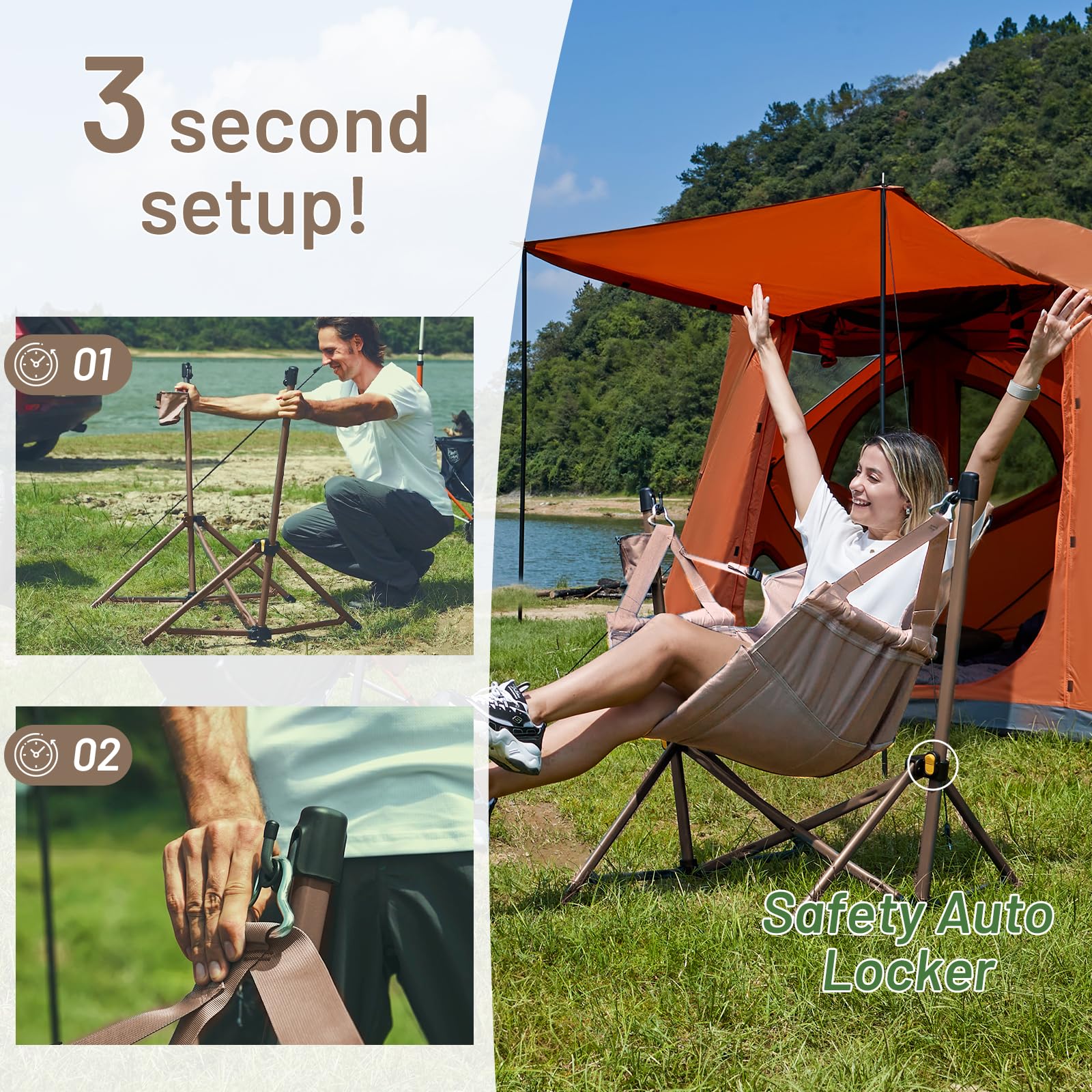 TIMBER RIDGE Heavy Duty Folding Hammock Chair - Adjustable Backrest Supports 300lbs, Portable Camping Chair for Outdoor, Travel, Patio & Backyard Relaxation | Perfect for Camping Trips, Beach Lounging & Garden Use (Tan)