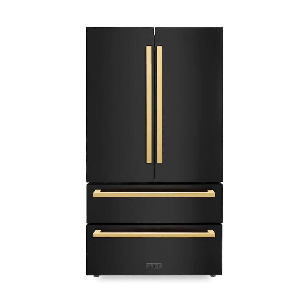 ZLINE Autograph Edition 36 Inch Counter Depth French Door Refrigerator - 22.5 cu ft Capacity, Fingerprint Resistant Black Stainless Steel with Polished Gold Handles, Built-in Ice Maker (RFMZ 36 BS FG) - Perfect for Modern Kitchens, Open Concept Homes & Luxury Appliances Collection