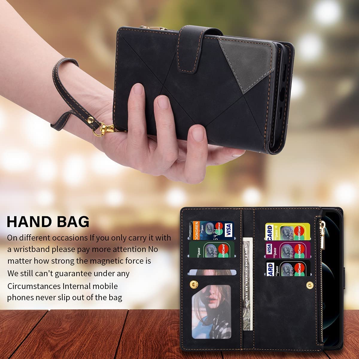 Premium Leather Wallet Case for Samsung Galaxy S22 Plus - 9 Card Slots with Zipper Pocket & Handbag Wristlet | Stylish Flip Cover for Everyday Use, Travel & Business (Black)