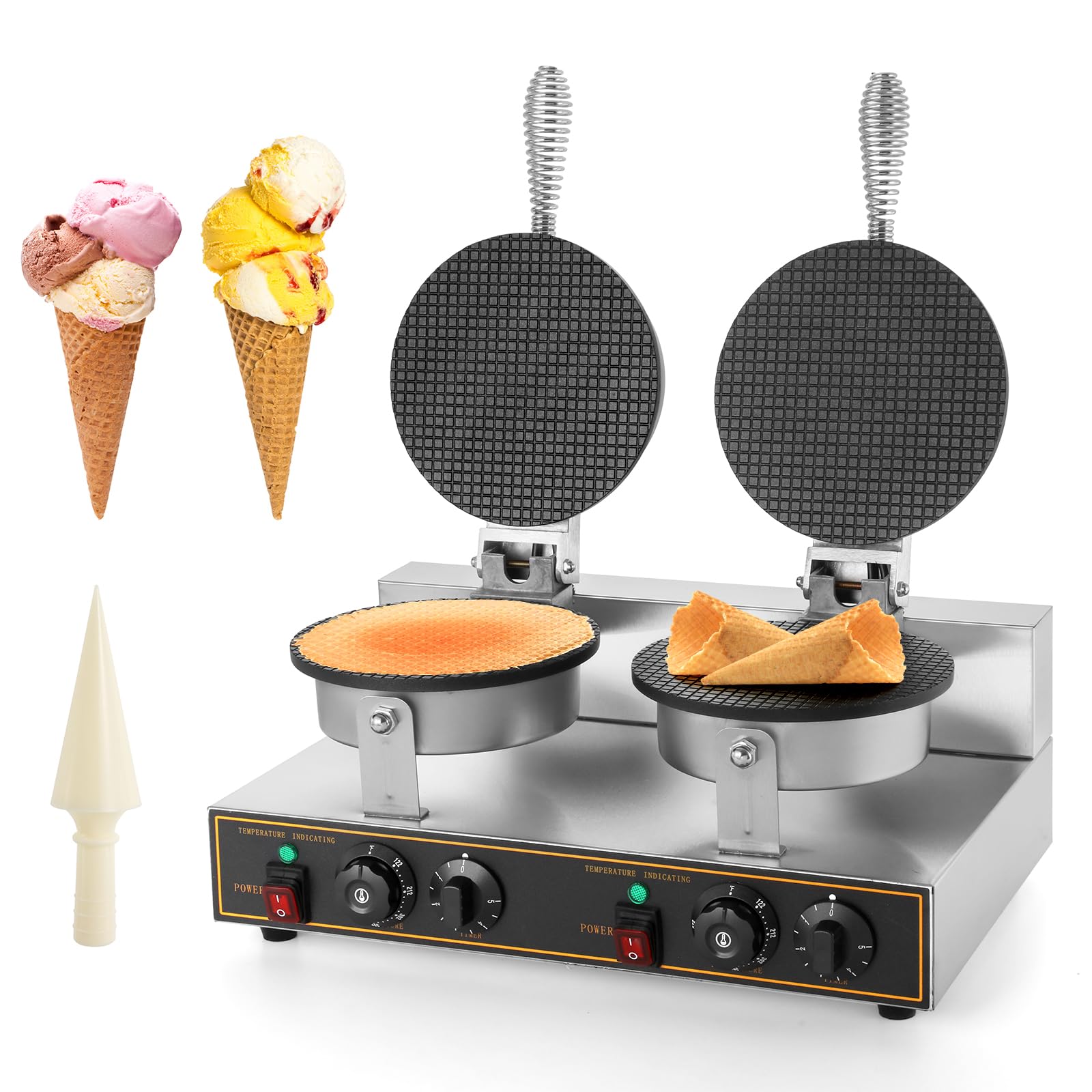 Dyna-Living 2400W Commercial Ice Cream Cone Maker - 110V Electric Waffle Cone Machine with Double Head & Non-Stick Surface - Stainless Steel Egg Roll Mold for Restaurants, Bakeries & Home Use - Perfect for Making Waffle Cones, Ice Cream Bowls & Dessert Creations