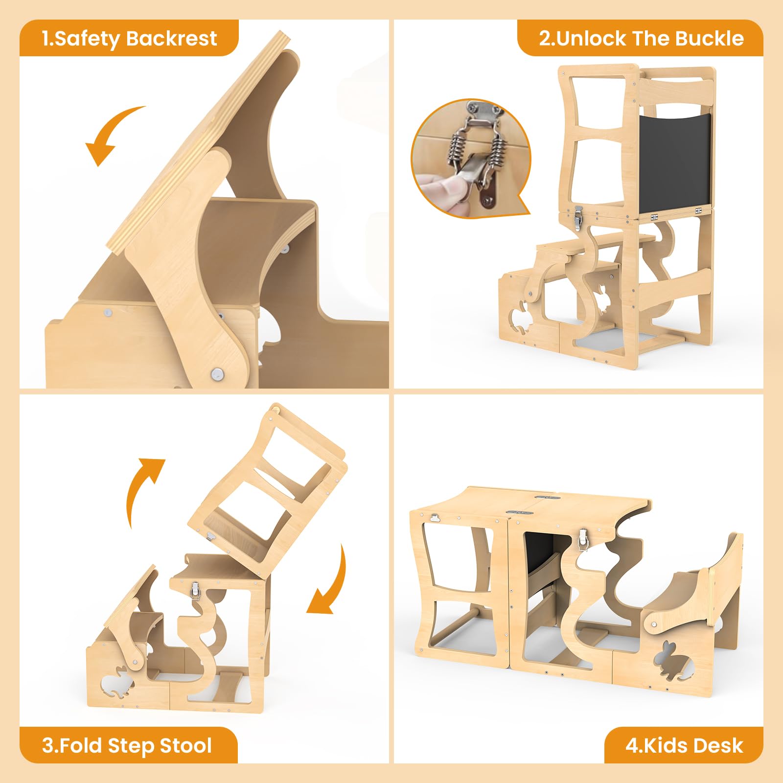 Foldable Toddler Tower & Kitchen Stool Helper - Safe Learning Wooden Step Stool for Kids, Weaning Table for Bathroom & Kitchen Counter - Perfect for Cooking, Baking & Bath Time