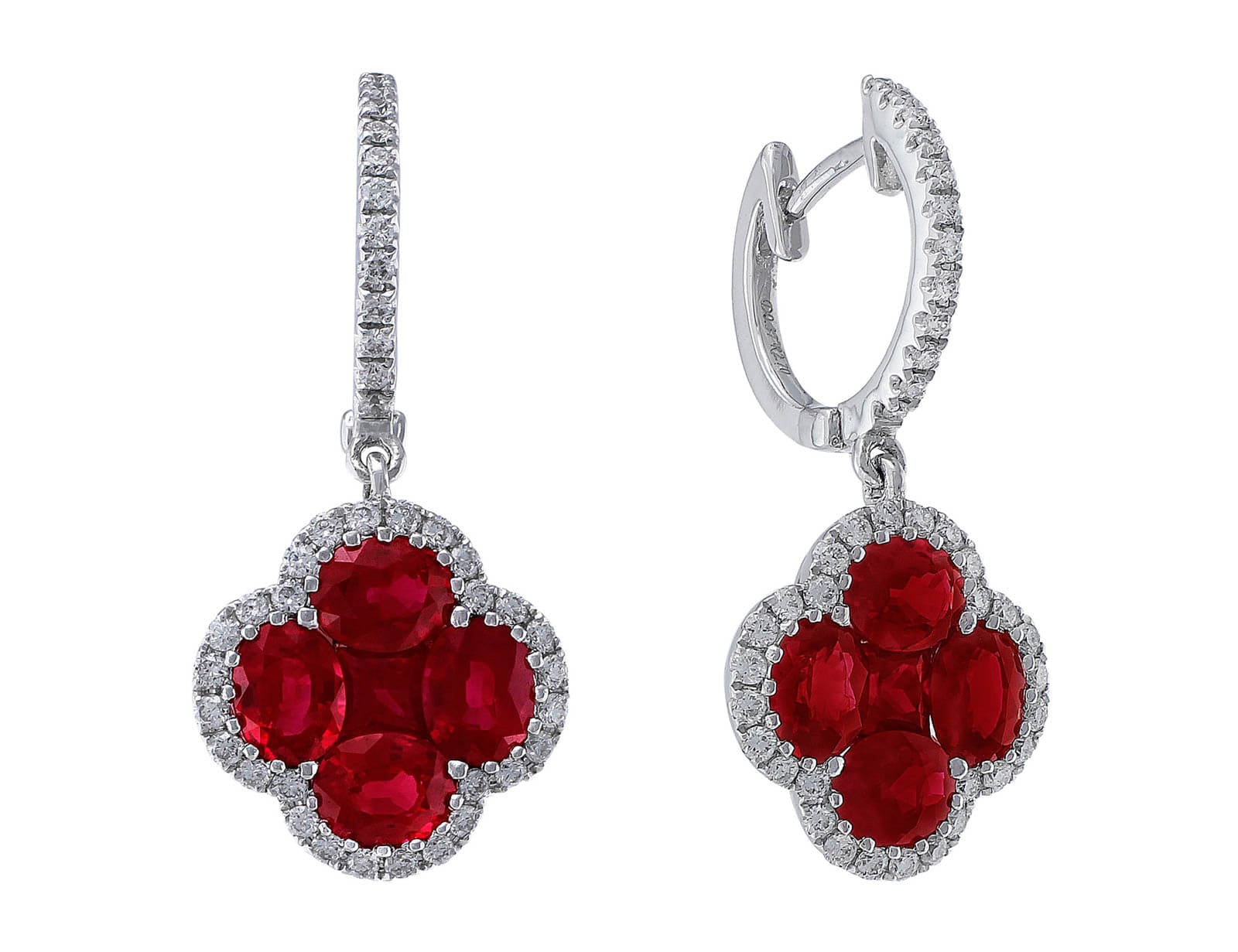 18K White Gold Ruby & Diamond Quatrefoil Earrings for Women - Elegant Dangle Earrings for Wedding, Party & Special Occasions