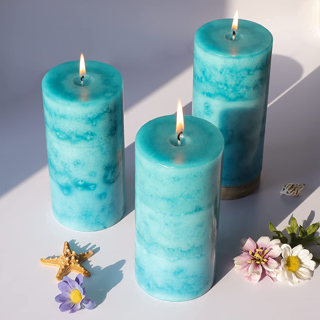 Ocean Breeze Scented Pillar Candles - 3 Pack Teal 3x6 Inch Long-Lasting Clean Burning Candles for Home Décor, Bathroom, Wedding, Relaxation & Aromatherapy