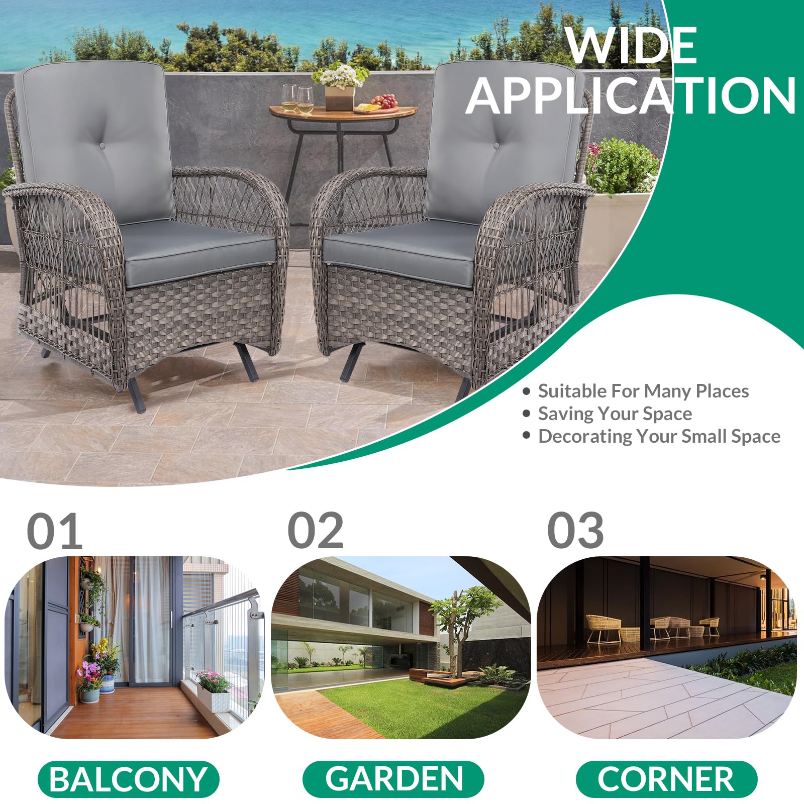 VIVIJASON 2-Piece Outdoor Wicker Glider Rocking Chair Set with Cushions - All-Weather Patio Rattan Swing Glider Chairs with Sturdy Steel Frame - Perfect for Garden, Backyard, Porch & Poolside Relaxation (Grey)