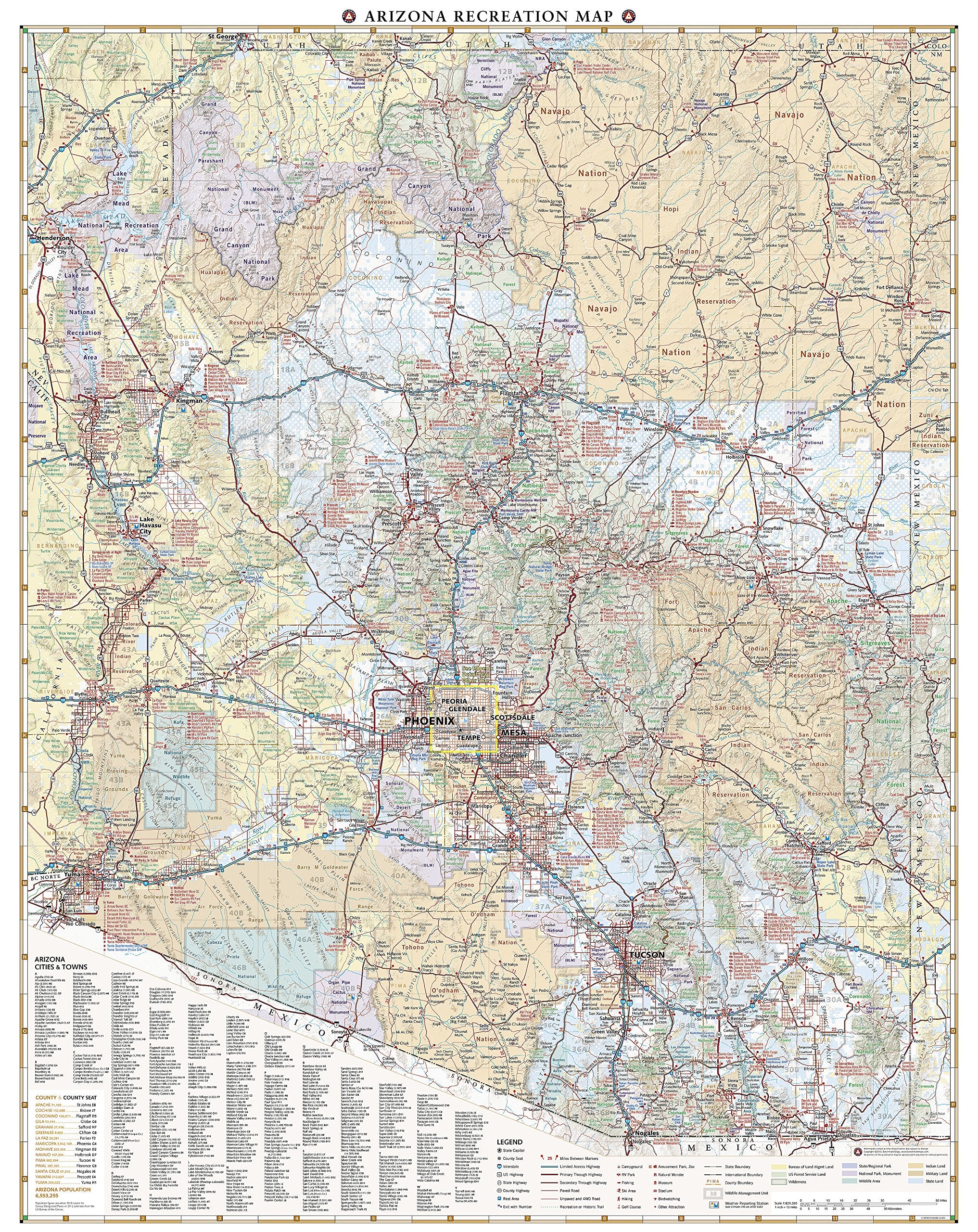 Arizona Recreation Map - Hiking, Camping & Outdoor Adventure Guide for Travelers & Explorers