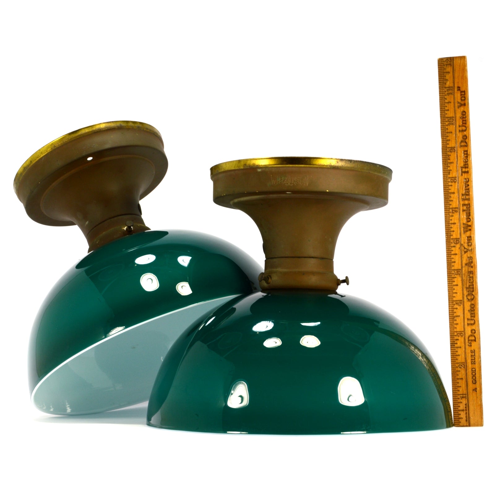 Antique Williamson Light Fixtures Pair with Emerald Green Cased Glass Lamp Shades - Perfect for Vintage Home Decor and Victorian Style Lighting
