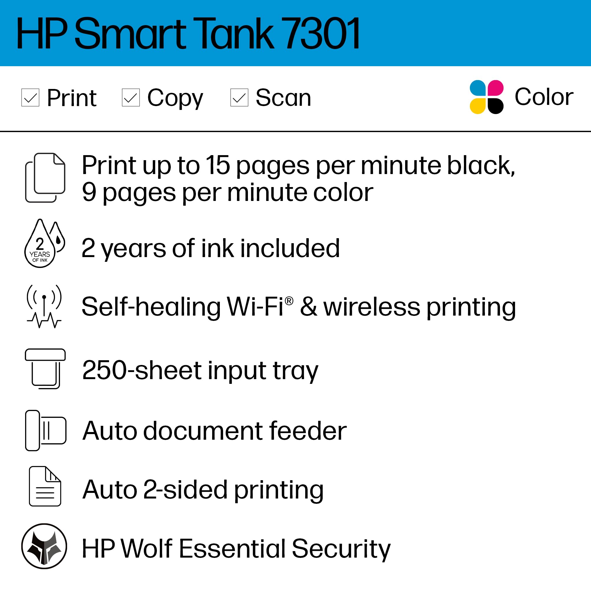HP Smart-Tank 7301 Wireless All-in-One Inkjet Printer with 2 Years of Ink Supply - Mobile Printing, Scanning, Copying, Auto Document Feeder (28B70A, Gray) - Ideal for Home Office, Small Business & Remote Work