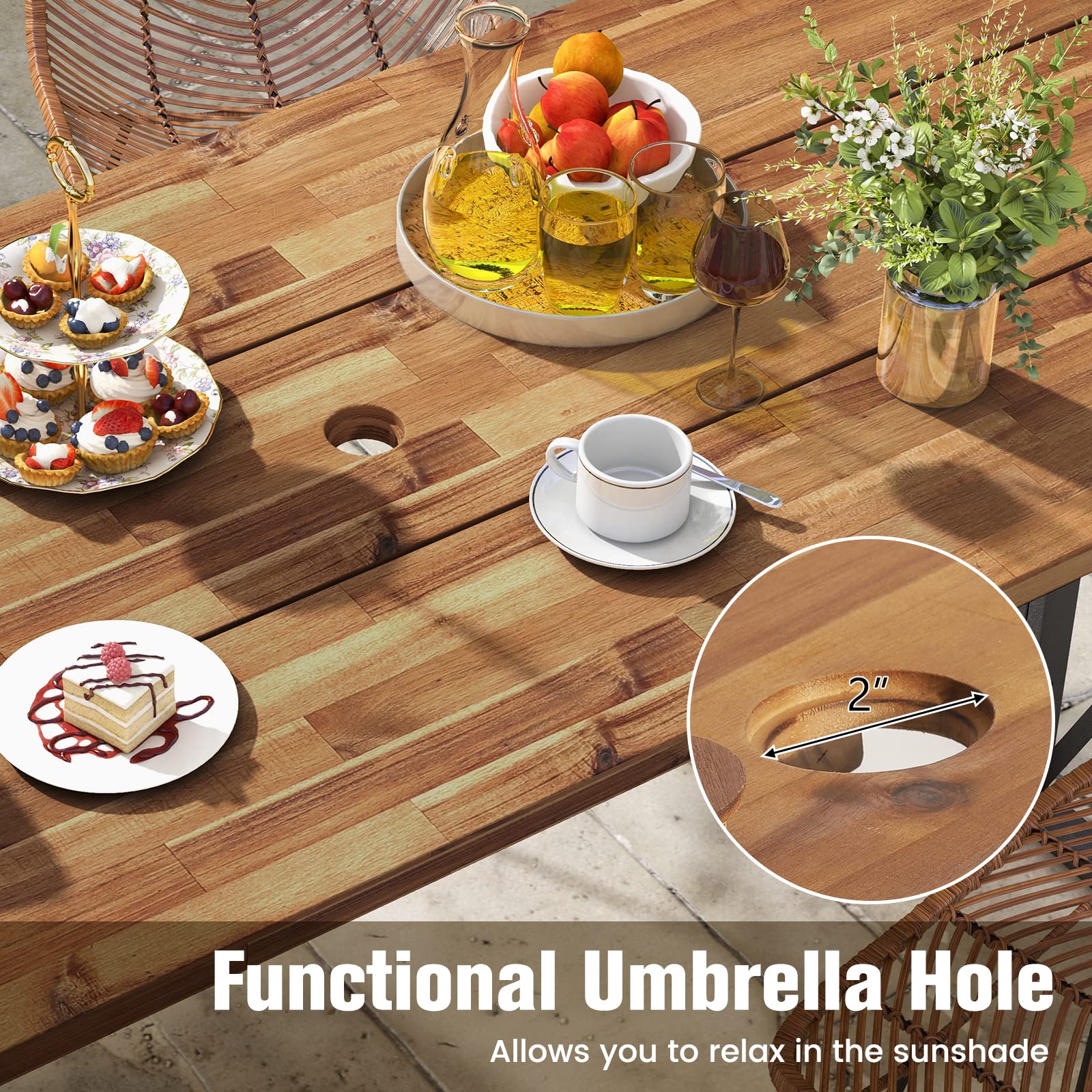 Tangkula 67 Inch Acacia Wood Outdoor Dining Table with Umbrella Hole - Heavy-Duty Metal Frame Patio Table for 6 - Perfect for Backyard BBQ, Garden Parties & Indoor Outdoor Entertaining
