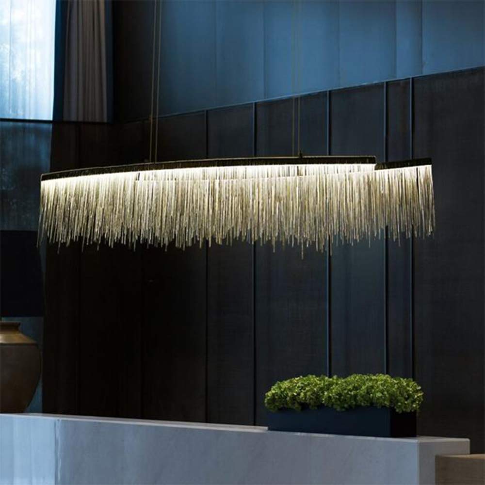Modern LED Linear Pendant Light with Tassel Design - Chrome & Cool White 100cm - Elegant Ceiling Lighting for Living Room, Dining Room, Hotel, Store | Perfect for Contemporary Home Decor and Commercial Spaces