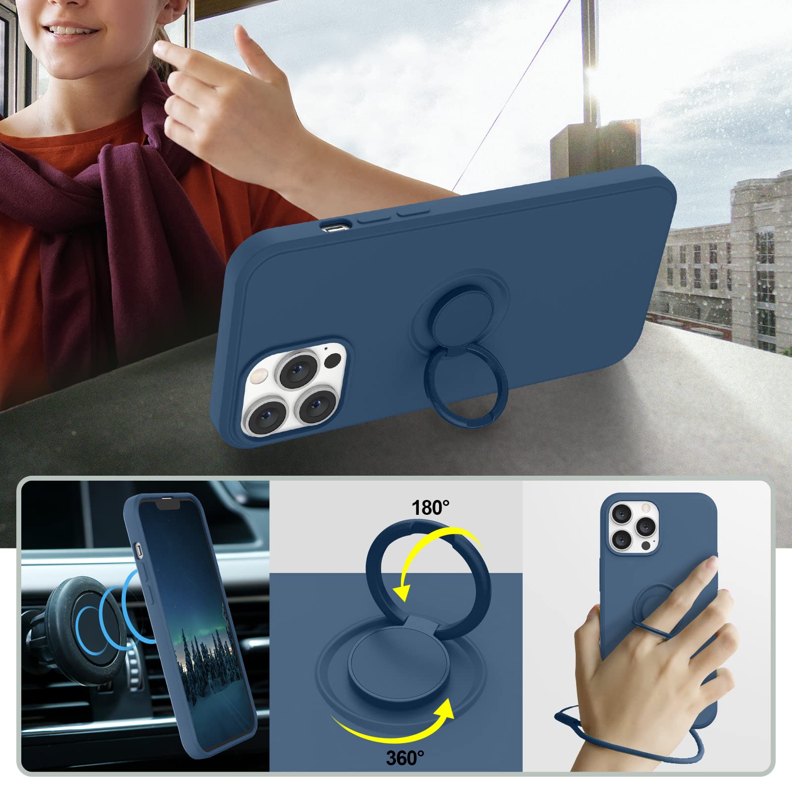 ABITKU iPhone 13 Pro Max Case with 360° Ring Kickstand & Magnetic Car Mount - Shockproof Silicone Cover with Microfiber Lining for 6.7