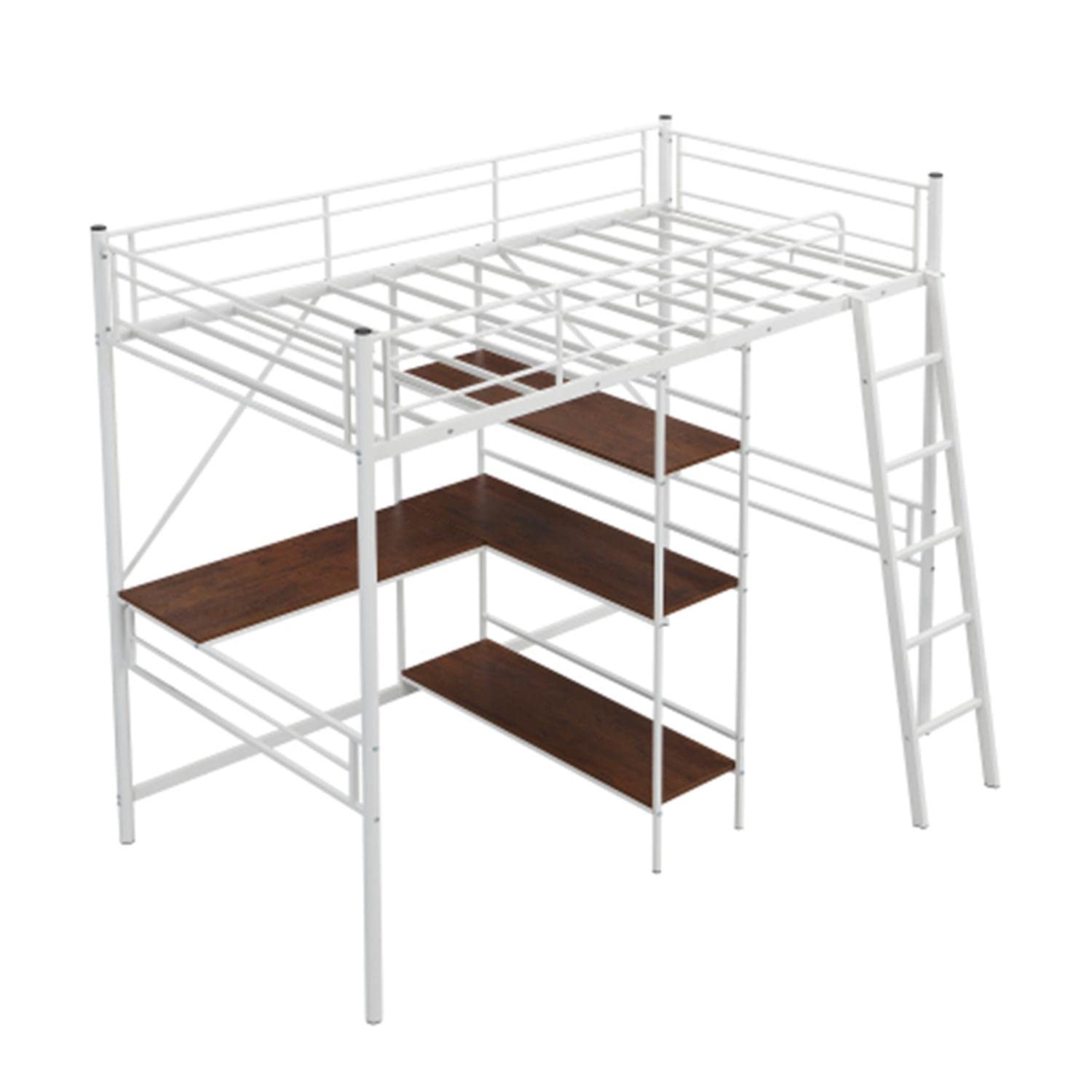 Twin Size Loft Bed with L-Shaped Desk & Shelves - Sturdy Metal Frame with Safety Guardrail - Easy to Assemble White Space-Saving Bed - Perfect for Small Bedrooms, Dorms & Studio Apartments