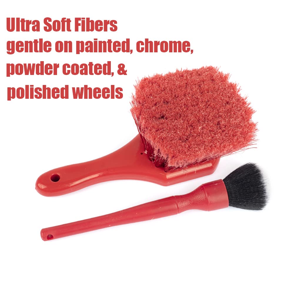 Premium Car Detailing Brush Set (2 Brushes) - Professional Car Wash Kit for Interior & Exterior Cleaning - Soft Bristle Detailing Tools for Wheels, Vents & Hard-to-Reach Areas - Ideal for Car Enthusiasts & Auto Detailing Professionals (Red)