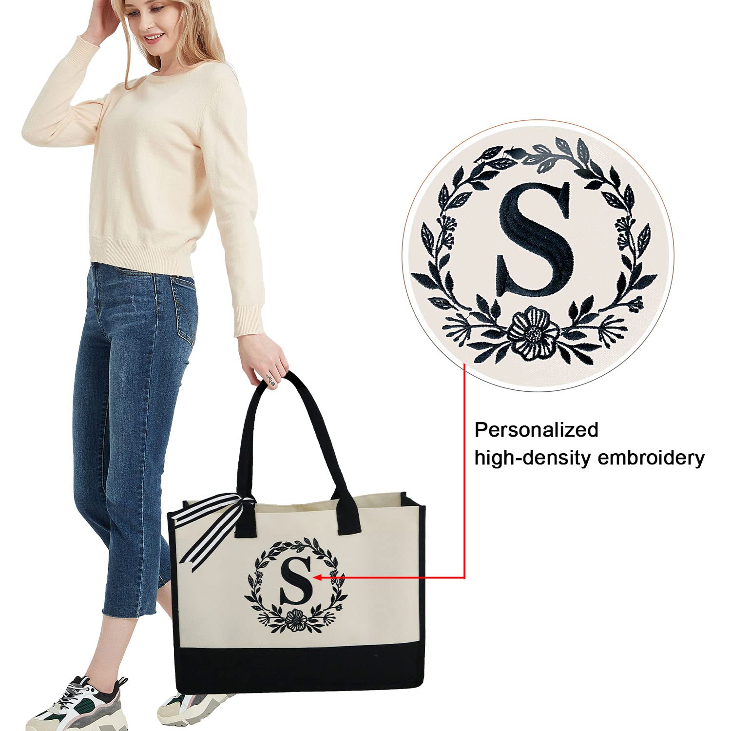 Personalized Monogram Embroidery Tote Bags for Women - BeeGreen Initial Tote with Makeup Pouch & Inner Zipper Pocket - Perfect Gift for Birthday, Mother, Hostess & Bridesmaid (Letter S) - Great for Work, Travel & Shopping