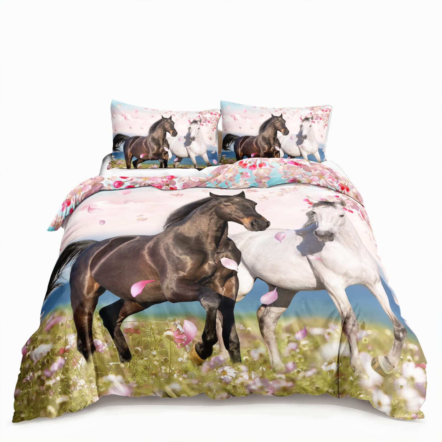 HOSIMA Twin Size Horse & Cherry Blossom Duvet Cover Set - 3 Piece Bedding Set (1 Duvet Cover + 2 Pillowcases) for Girls Room Decor | Soft & Breathable Horse-Themed Bedding for Teen & Kids Bedrooms
