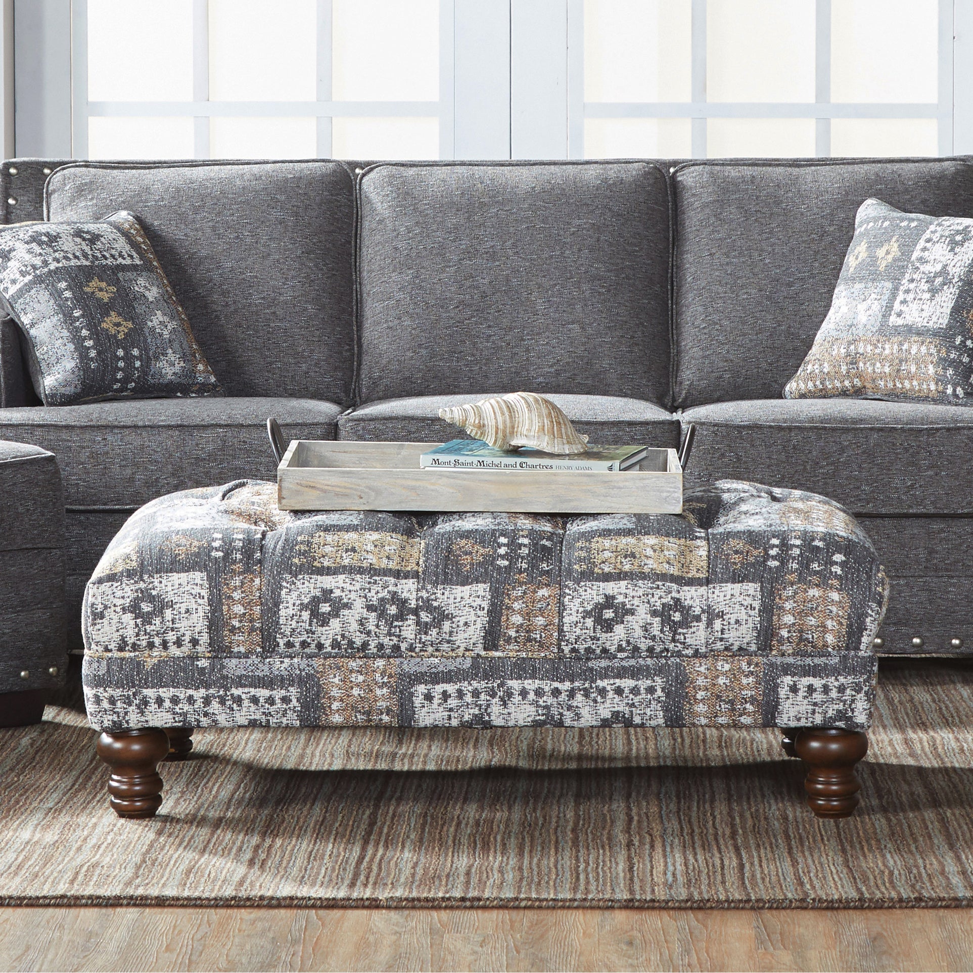 Roundhill Furniture Charbilia Fabric Tufted Cocktail Ottoman in Tupper Flannel - Stylish Living Room Footrest & Coffee Table for Home Decor