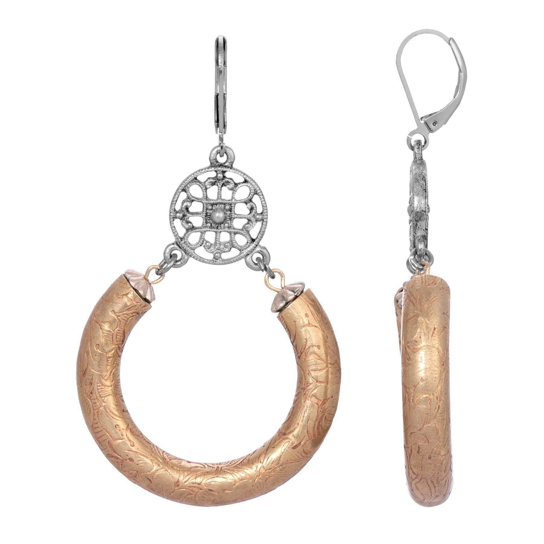 1928 Jewelry Meso Round Intricate Filigree Partial Etched Vine Hoop Drop Earrings - Vintage Style Dangle Earrings for Women - Perfect for Weddings, Parties & Special Occasions