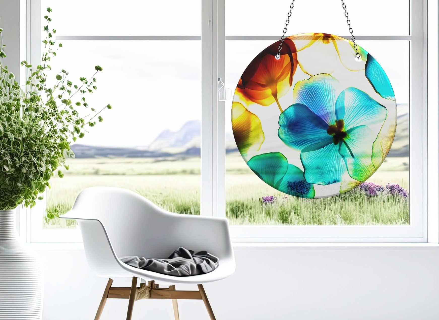 Vibrant Blue & Orange Flower Suncatcher - Handmade Stained Glass Window Decor for Home, Office & Garden - Perfect for Living Room, Bedroom & Outdoor Spaces