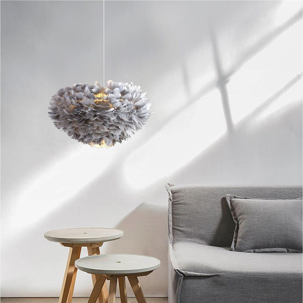 Modern Gray Feather Chandelier - LED Heart-Shaped Hanging Light with Adjustable Height, Warm White Lighting for Bedroom, Living Room, Bar & Dining Room Decoration | Romantic Doughnut Ceiling Pendant Lamp (Small Size)