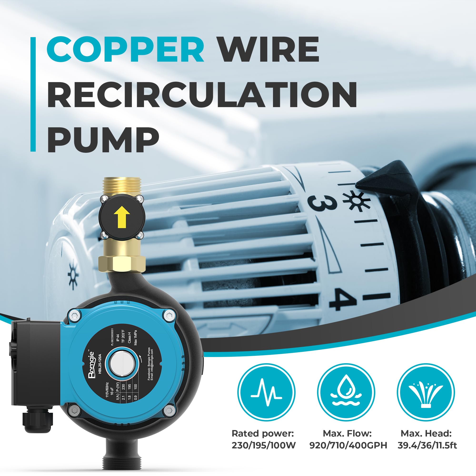 3-Speed Hot Water Recirculating Pump 115V 270W, 58.3LPM Cast Iron Circulation Pump for Instant Water Heater with Adapter - Automatic Brass Water Flow Switch - Perfect for Heated Flooring Systems & Home Plumbing - Save Energy & Reduce Water Waste