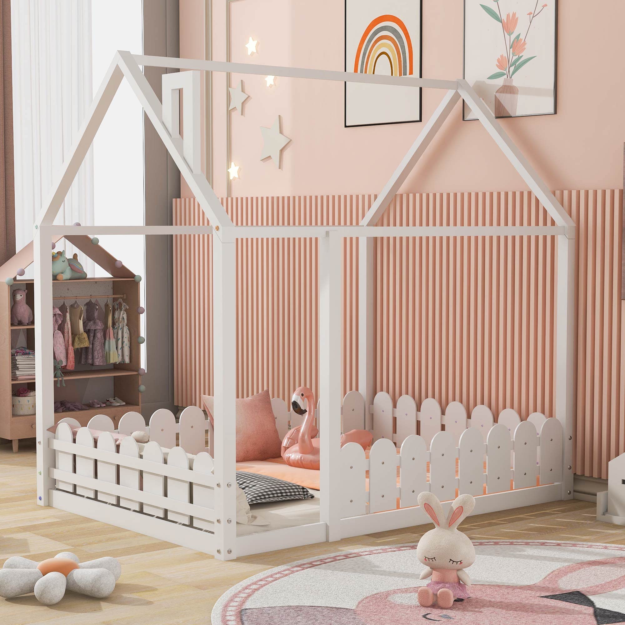 P PURLOVE Full Size House Bed Frame - Twin Montessori Floor Bed for Kids & Teens | Playhouse Bed with Fence & Roof | Safe & Fun Sleeping Space for Boys & Girls | Perfect for Bedrooms, Playrooms & Montessori Learning Environments (White)