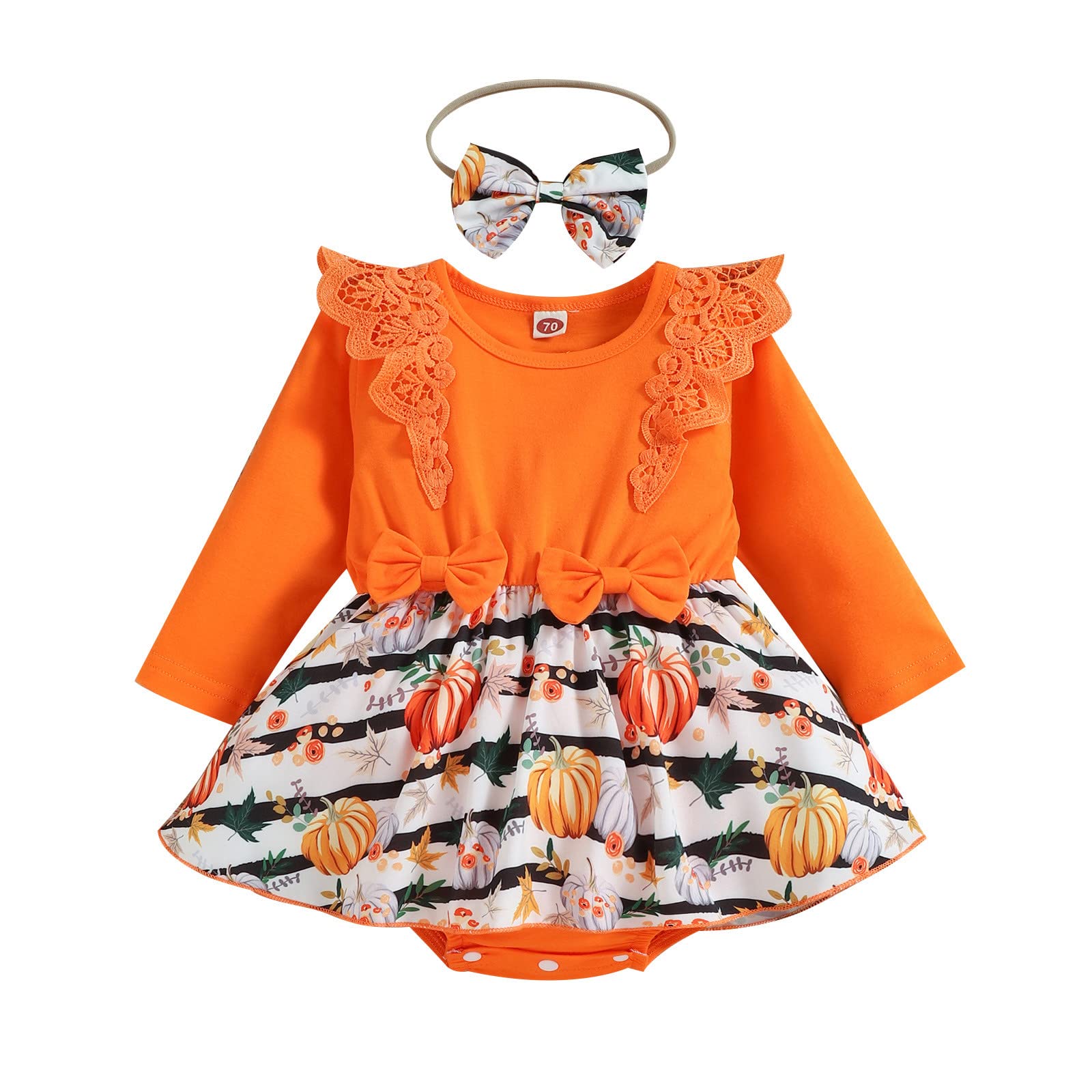 **Adorable Toddler Halloween Outfit - Pumpkin Romper Jumpsuit & Hairband Set for Baby Girls & Kids - Perfect for Halloween Parties, Trick-or-Treating & Photo Shoots**