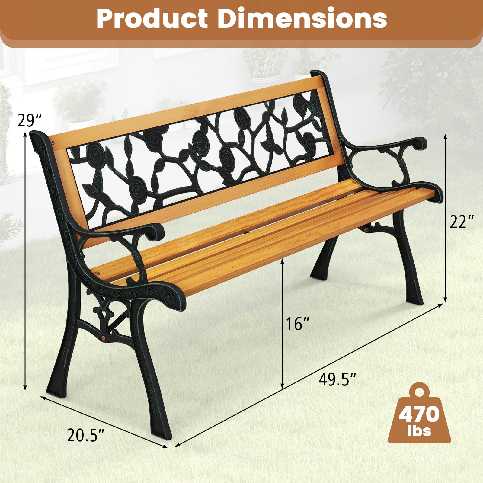 Tangkula Outdoor Garden Bench - Heavy Duty Cast Iron & Hardwood Park Bench for Patio, Porch, Backyard, Deck, Lawn, Poolside - Weather Resistant Loveseat for Relaxing in Gardens, Parks or Outdoor Spaces